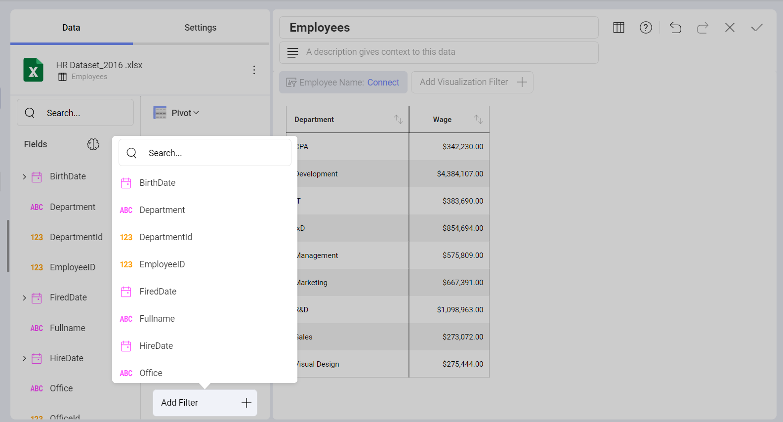 Adding data filter fields list