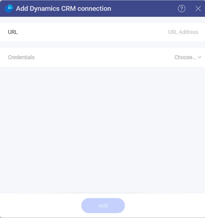 A dialog for adding the credentials for Microsoft Dynamics CRM