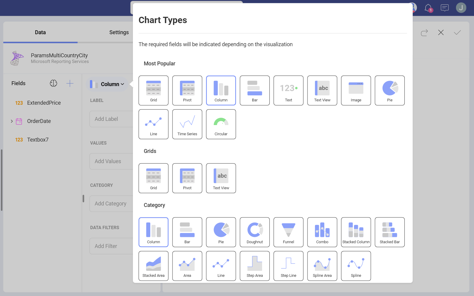 List of chart types for Microsoft Reporting Services in the Visualization Editor