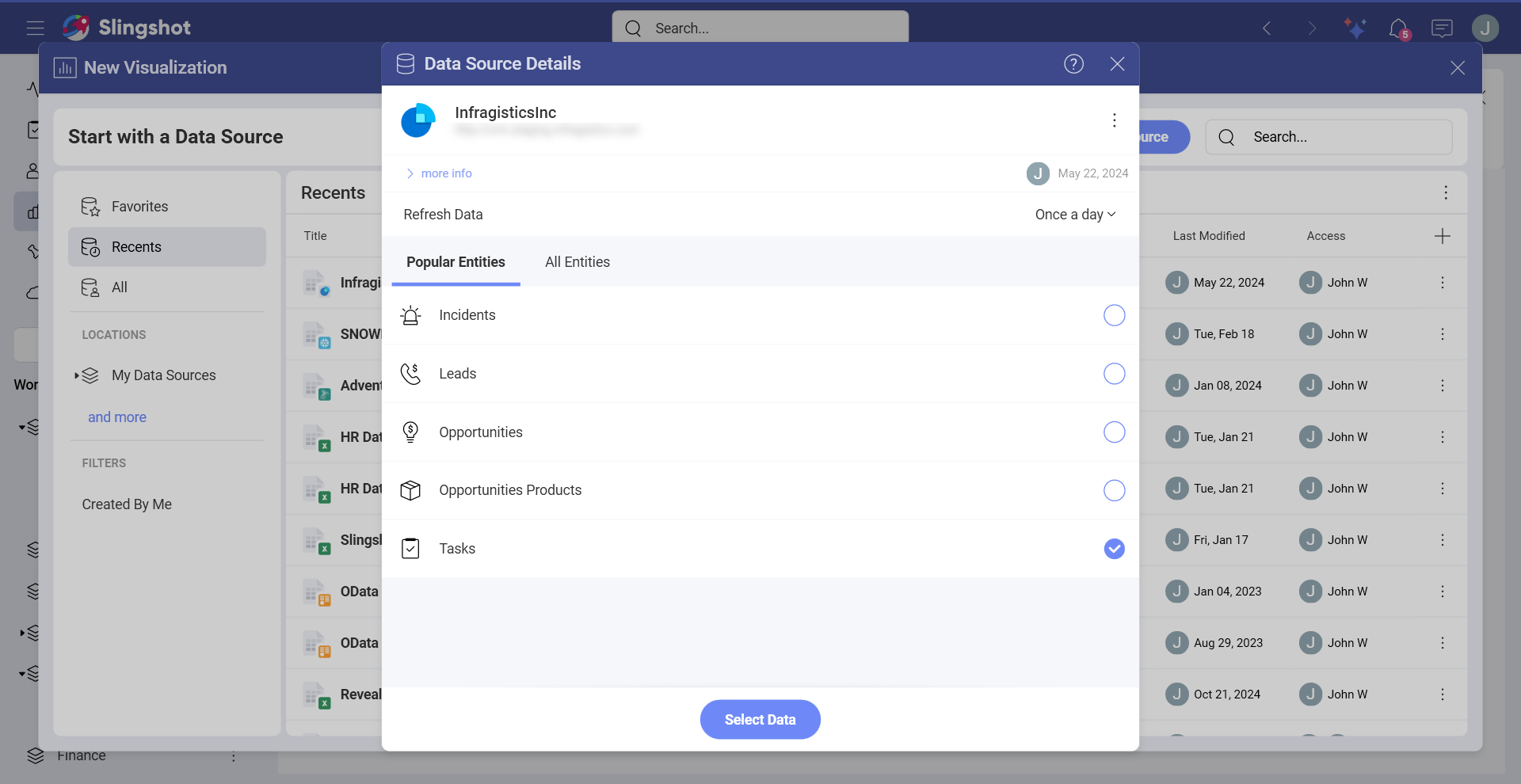 A dialog containing Microsoft Dynamics CRM lists of entities