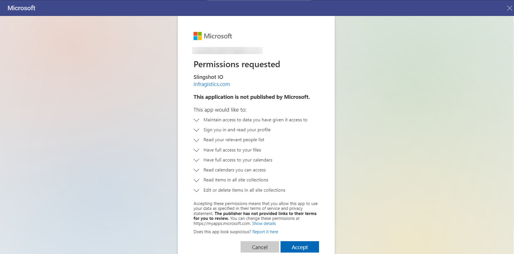 A dialog with a set of permissions for OneDrive