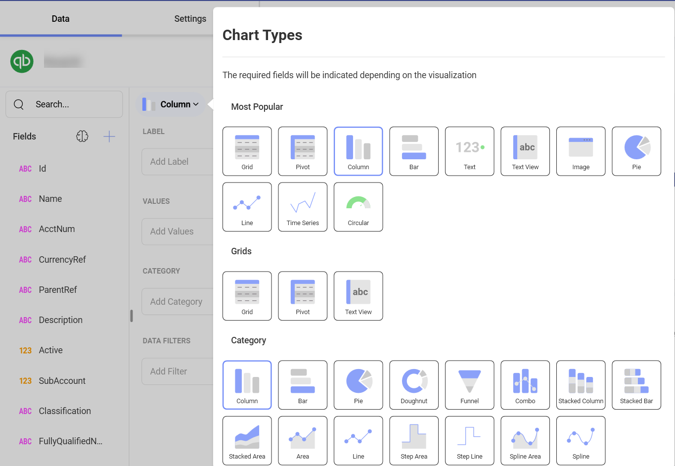 List of chart types for QuickBooks