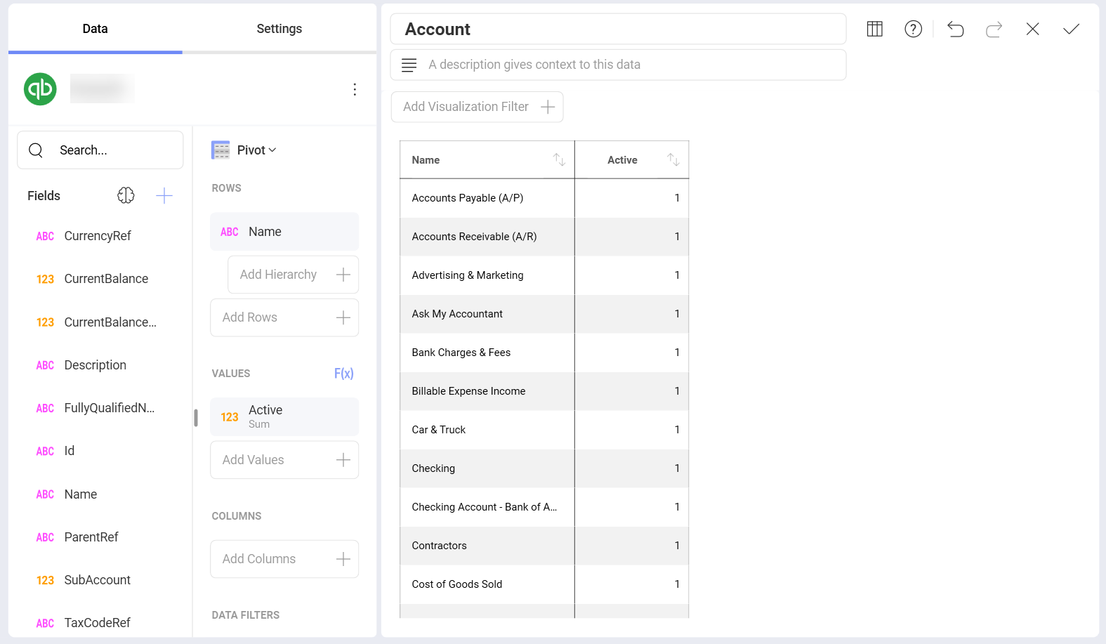 QuickBooks data in the Visualization Editor