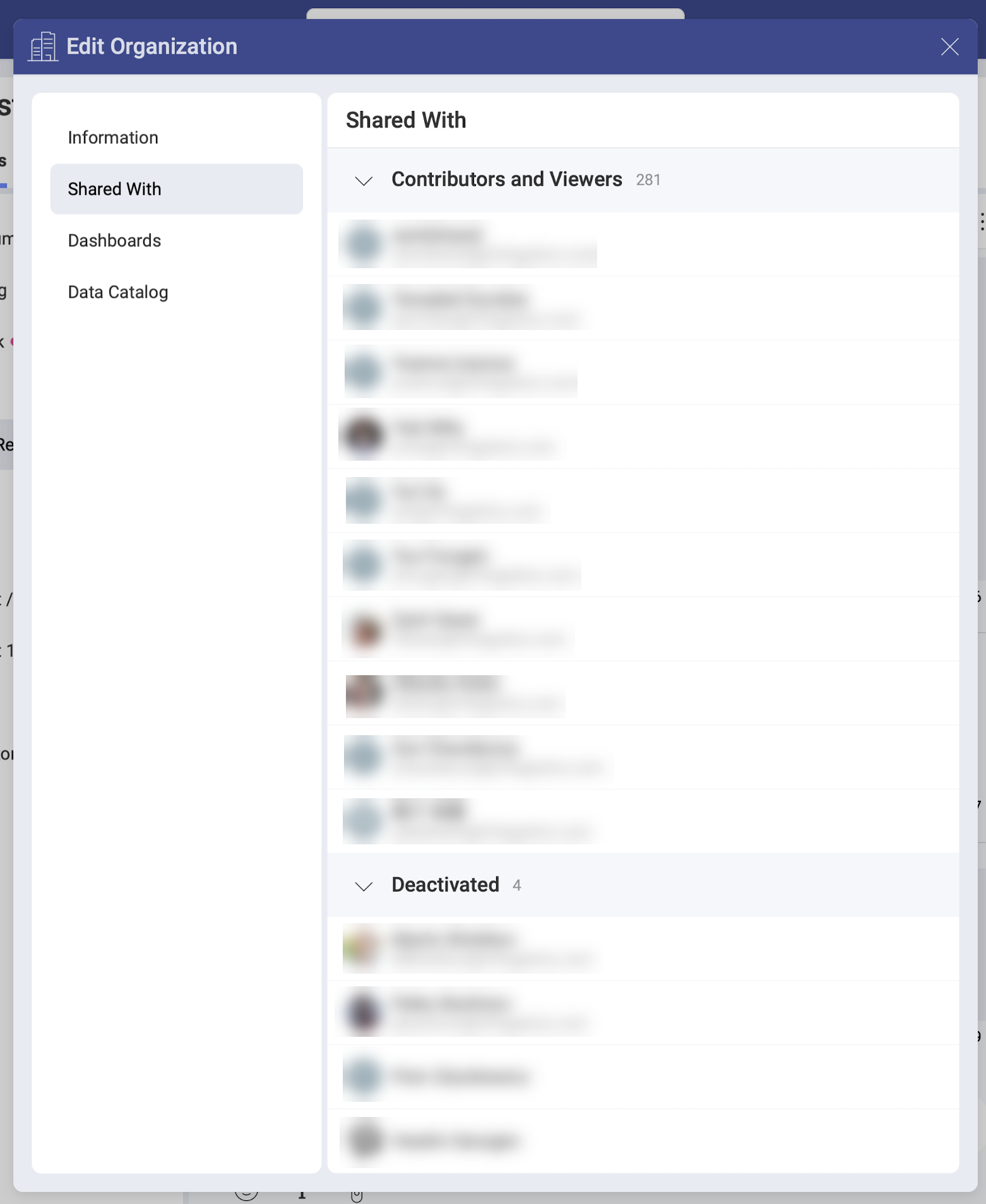 List of deactivated users in the Edit Organization settings