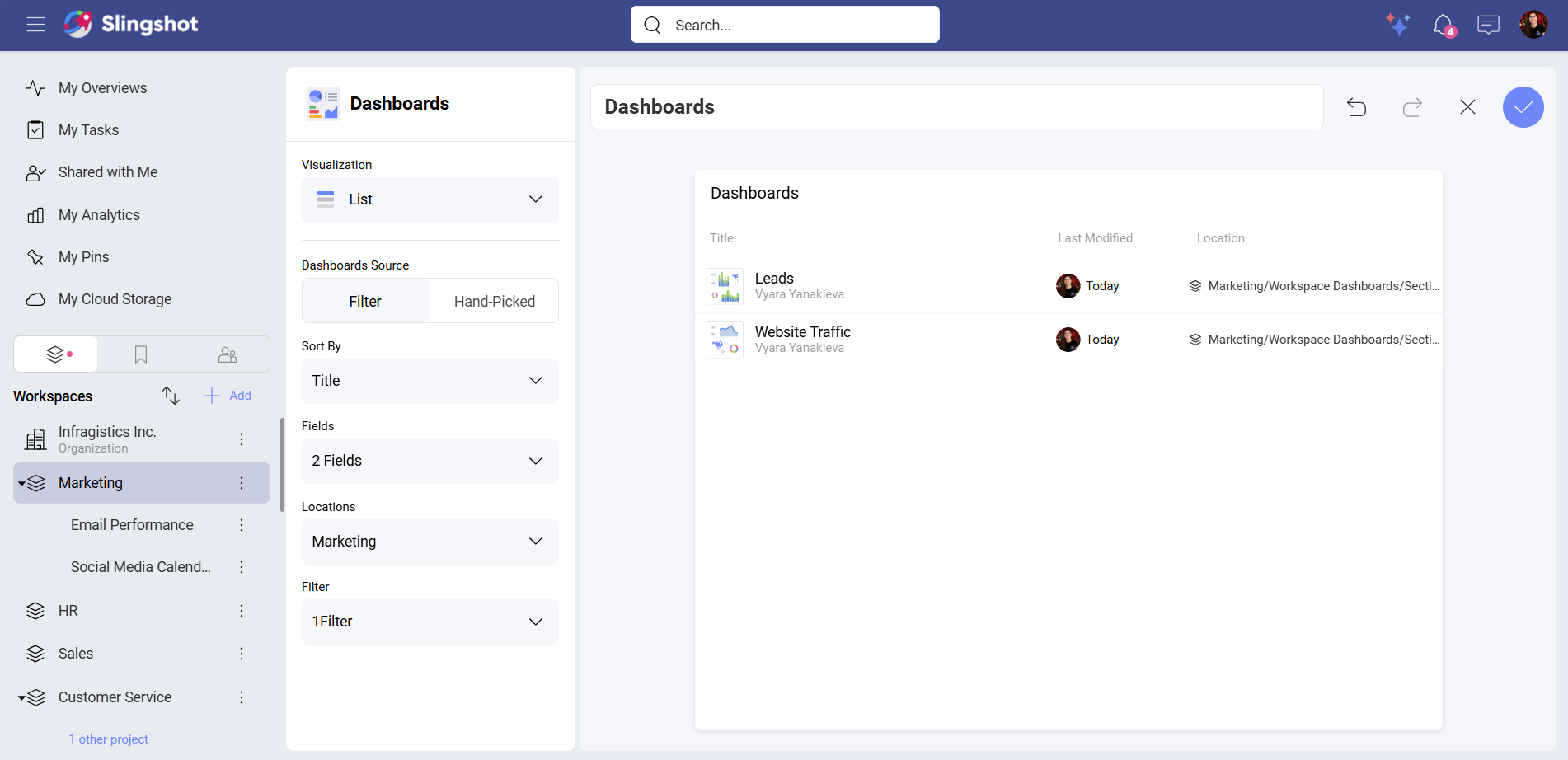 Example of filtered dashboards in list visualization
