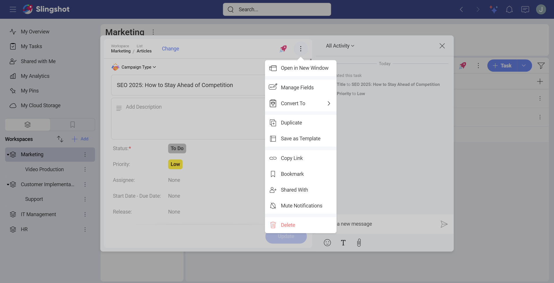 Manage fields option for a task