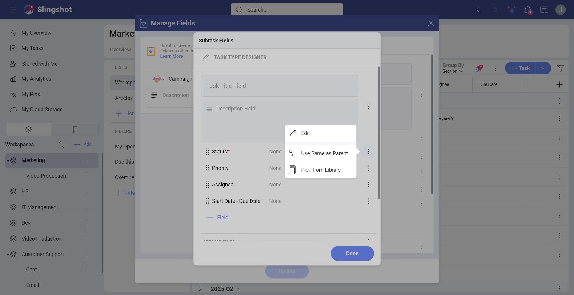 Example of different options for a subtask field