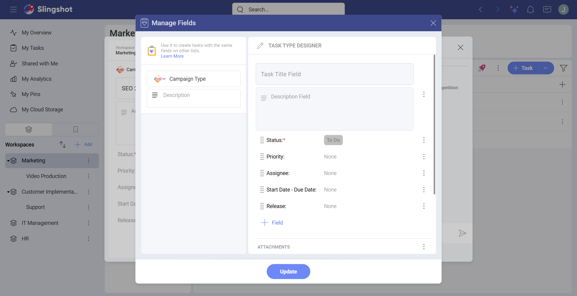 Update button in a Manage Fields dialog box