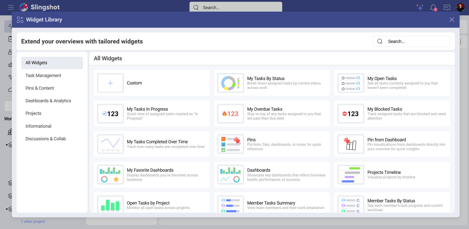 List of categories in the widget library
