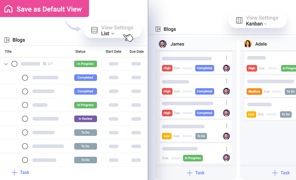 Función de vista predeterminada de tareas en Slingshot