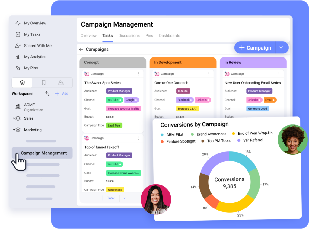 marketing team coordinating campaign execution across tasks data and communication